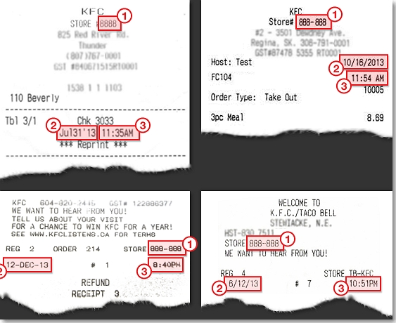 different receipts of kfc restaurant