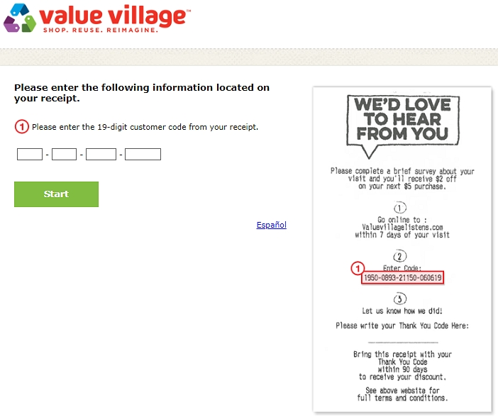 Valuevillagelistens survey page with receipt invite