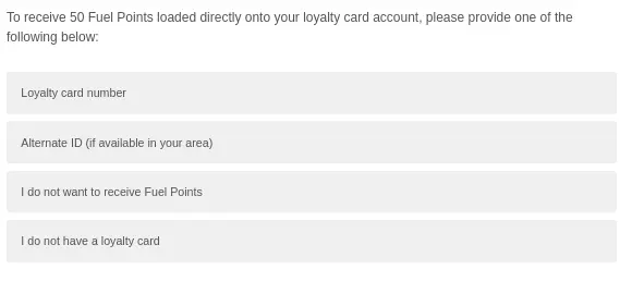 enter loyalty card details to get 50 fuel points