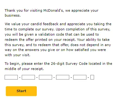 Mcdvoice.com survey homepage
