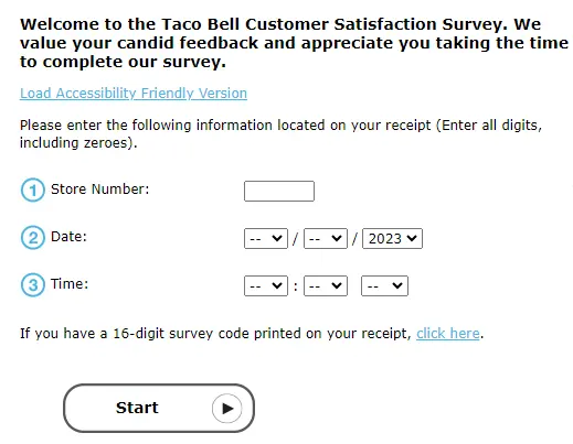 Taco Bell survey homepage