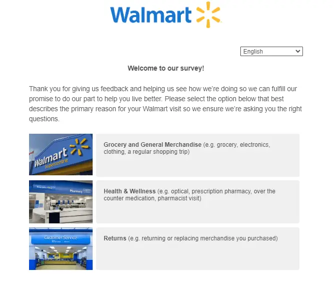 Choose your primary reason to visit the Walmart store